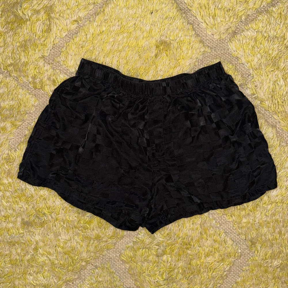 Lunya Lahgo Silk Checker Silk Jacquard Boxer Short Black S/M Cute Sleepwear PJs